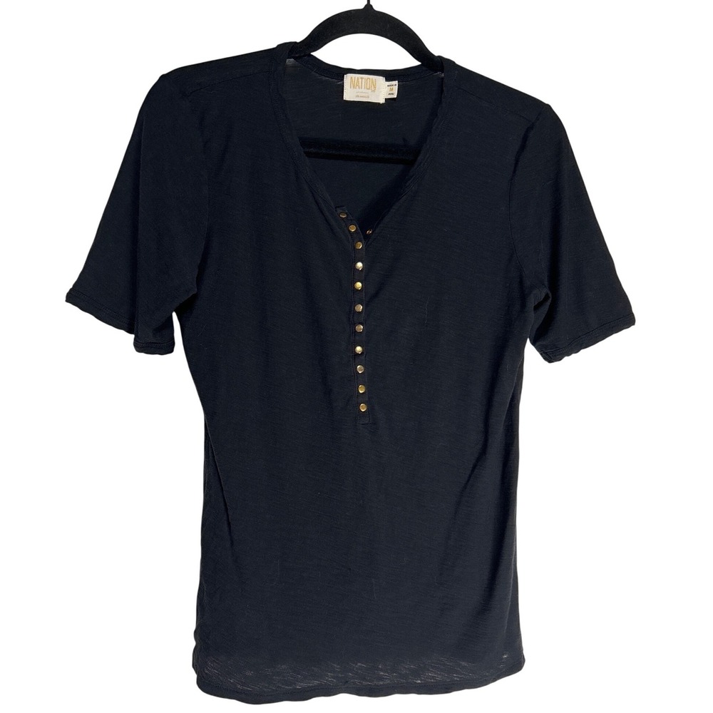 Nation LTD Black Slub Jersey Henley Tee Gold Snap V-Neck Short Sleeve Medium
